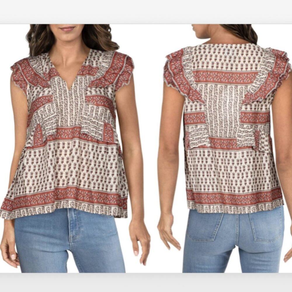 LINI Harriet Boho Mixed Printed Ruffled Blouse Size Small